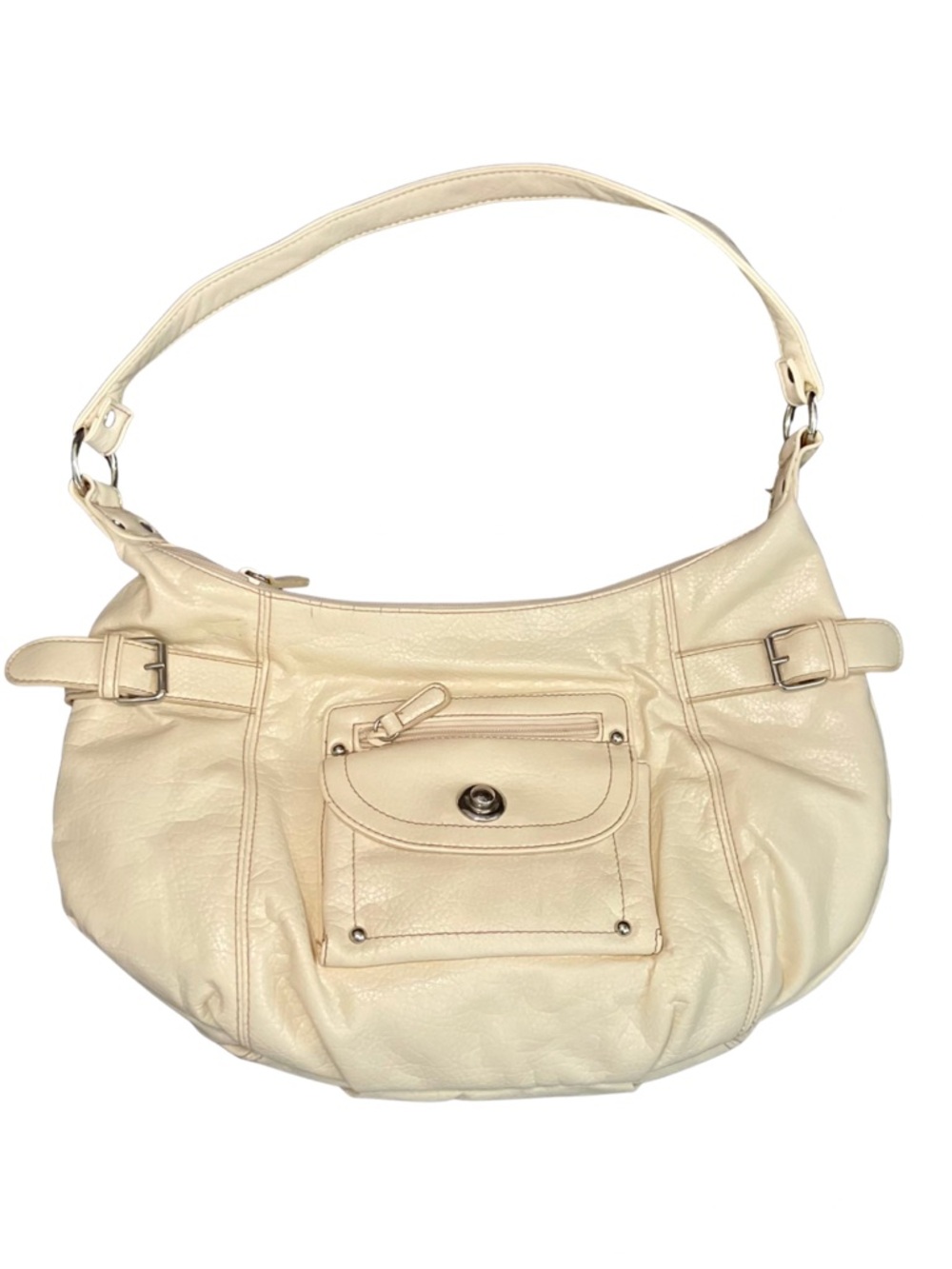 Cream Hobo Shoulder Bag Faux Leather Slouchy Pocket Buckle Handbag